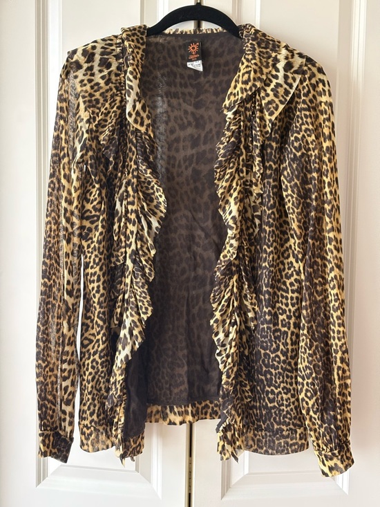 Jean Paul Gaultier Tops - Jean Paul Gaultier Leopard Print Ruffle Open-Front Mesh Top Cardigan